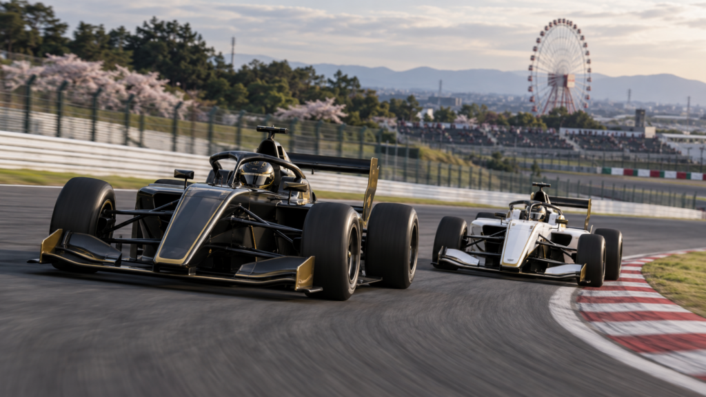 Ilustracja bolidów Super Formula Lights na torze Suzuka