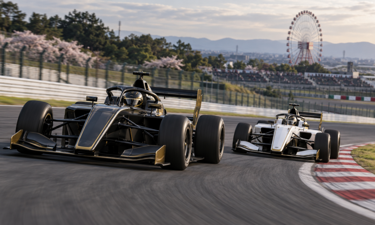 Ilustracja bolidów Super Formula Lights na torze Suzuka